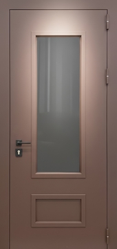 Входная термодверь с большим остеклением, металлобагетом и коричневой полимерной покраской Входная термодверь с большим остеклением, металлобагетом и коричневой полимерной покраской