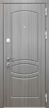 Входная квартирная дверь с отделкой из серых фрезерованных панелей МДФ Входная квартирная дверь с отделкой из серых фрезерованных панелей МДФ