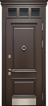 Стальная коттеджная термодверь с остекленной верхней вставкой, карнизом, отбойником, кнокером и отделкой МДФ коричневого цвета с багетом Стальная коттеджная термодверь с остекленной верхней вставкой, карнизом, отбойником, кнокером и отделкой МДФ коричневого цвета с багетом